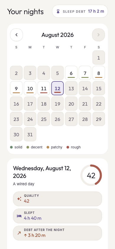 Hespera History screen with calendar and selected night details
