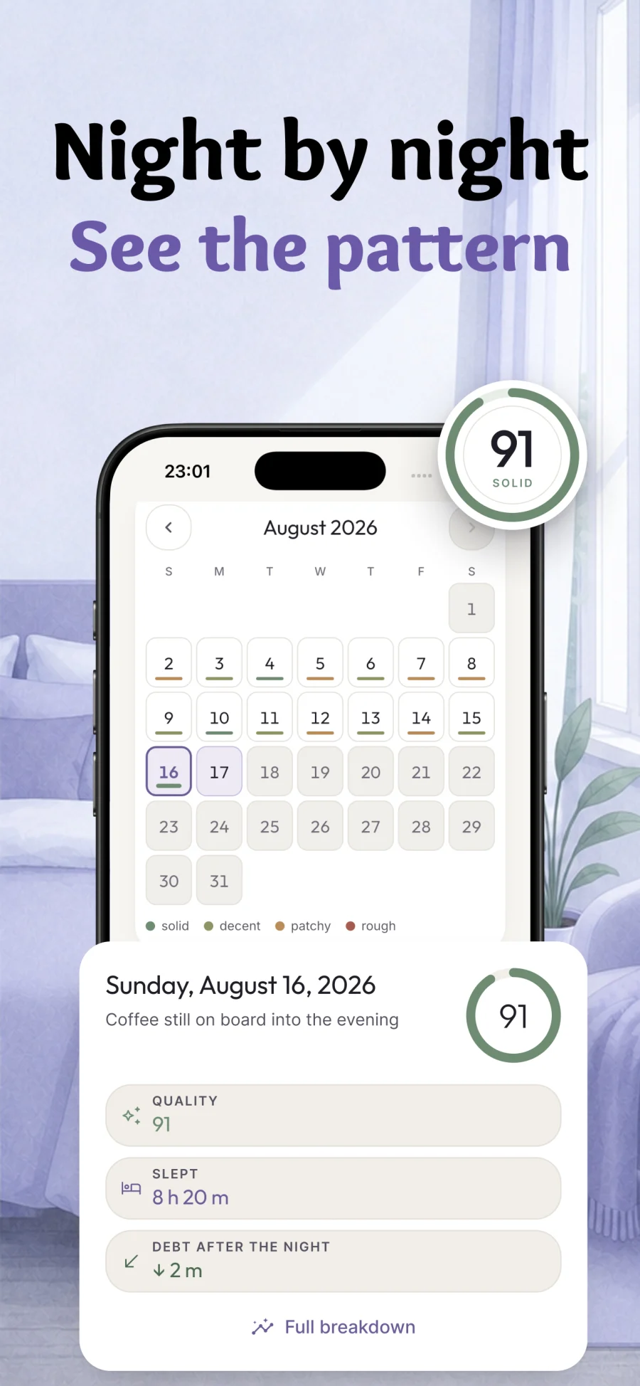 Hespera screenshot: history calendar with the selected night quality, sleep duration and debt.