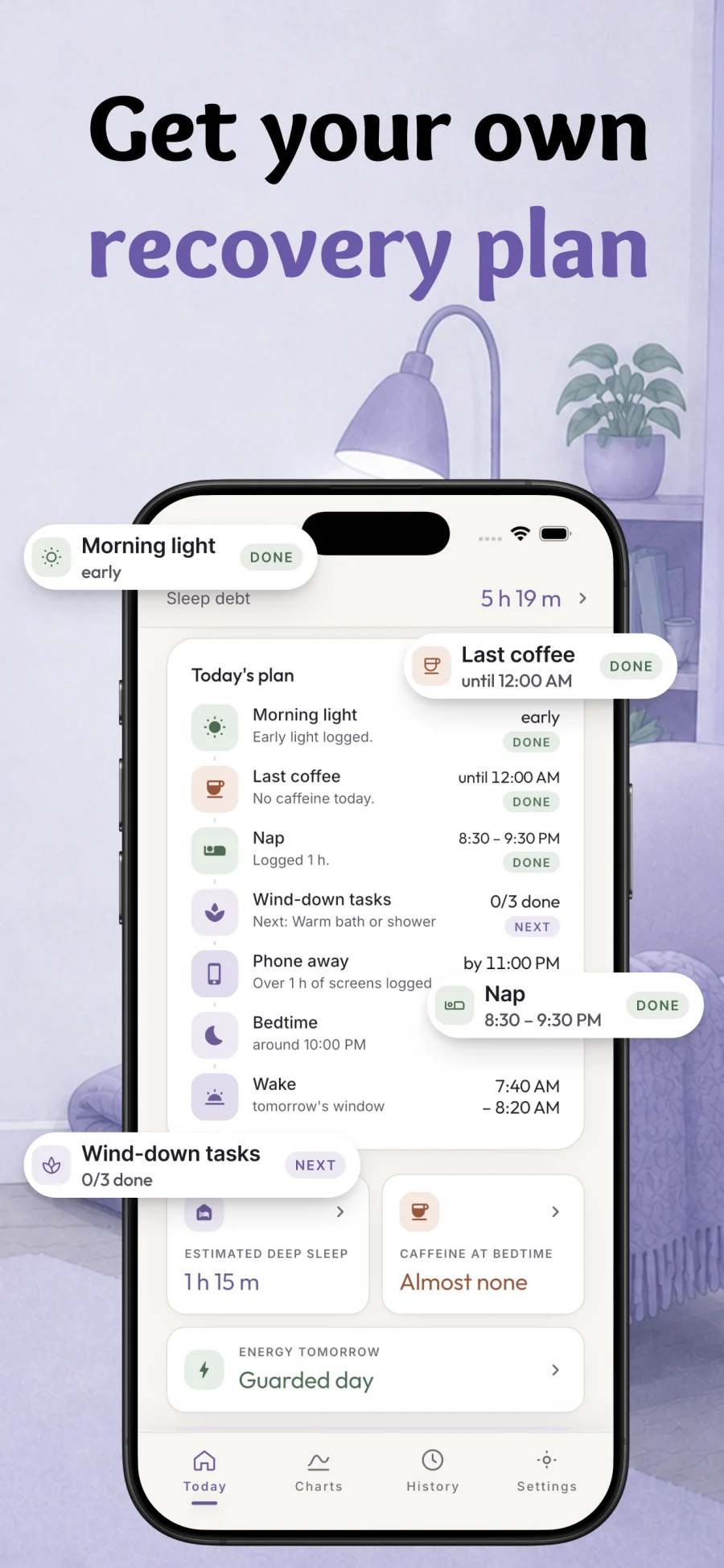 Hespera screenshot: today plan with morning light, last coffee, nap, wind-down, bedtime and wake time.
