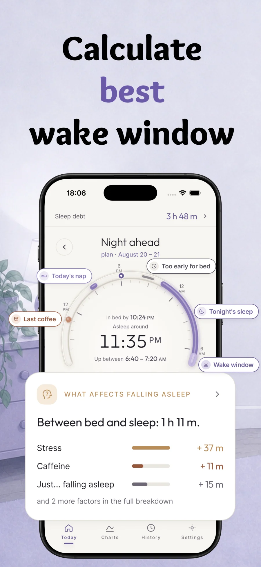 Hespera screenshot: night ahead with lights-out target, wake window and what affects falling asleep.